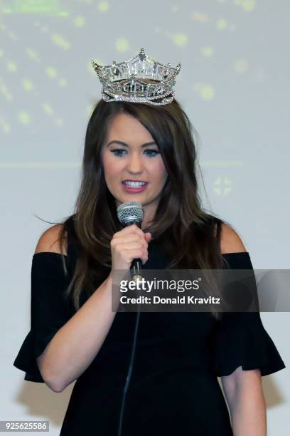 Cara Mund, Miss America 2018 speaks to students at St. Joseph Regional School on February 28, 2018 in Somers Point, New Jersey.