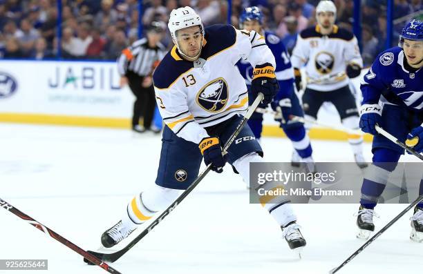 Nicholas Baptiste of the Buffalo Sabres shoots the puck during a game against the Tampa Bay Lightning at Amalie Arena on February 28, 2018 in Tampa,...