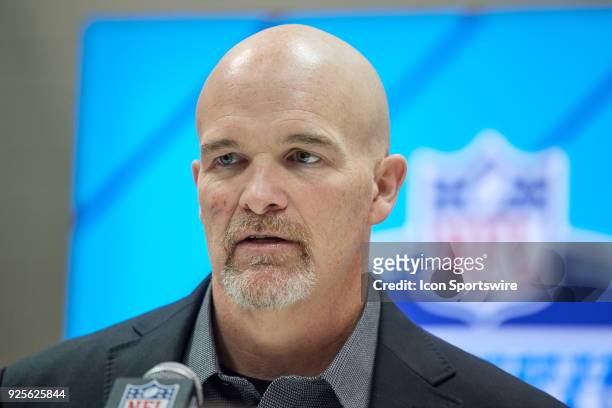 Atlanta Falcons head coach Dan Quinn, answers questions from the media during the NFL Scouting Combine on February 28, 2018 at Lucas Oil Stadium in...