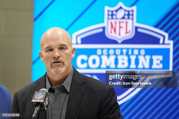 Atlanta Falcons head coach Dan Quinn, answers questions from the media during the NFL Scouting Combine on February 28, 2018 at Lucas Oil Stadium in...