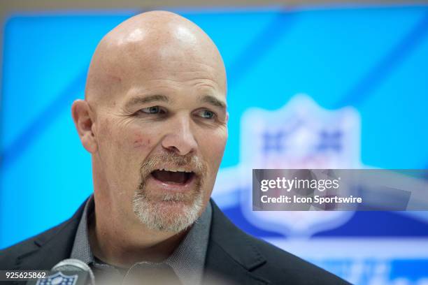 Atlanta Falcons head coach Dan Quinn, answers questions from the media during the NFL Scouting Combine on February 28, 2018 at Lucas Oil Stadium in...