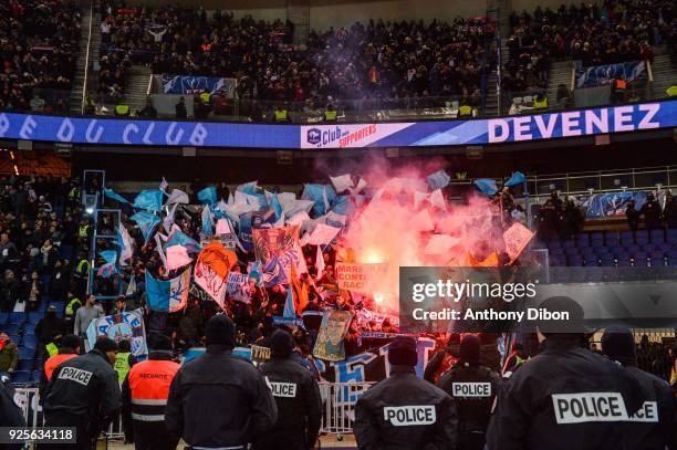 Fans of Marseille during the French Cup match between Paris Saint Germain and Marseille at Parc des Princes on February 28, 2018 in Paris, France.