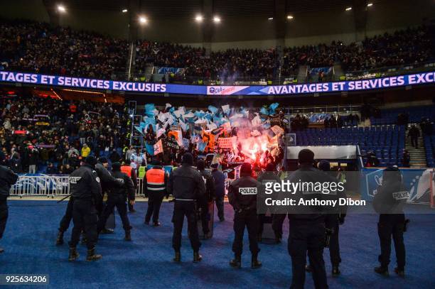 Fans of Marseille during the French Cup match between Paris Saint Germain and Marseille at Parc des Princes on February 28, 2018 in Paris, France.