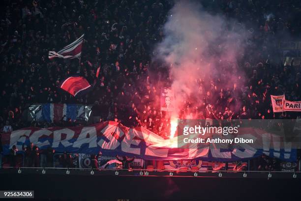 Fans of PSG during the French Cup match between Paris Saint Germain and Marseille at Parc des Princes on February 28, 2018 in Paris, France.