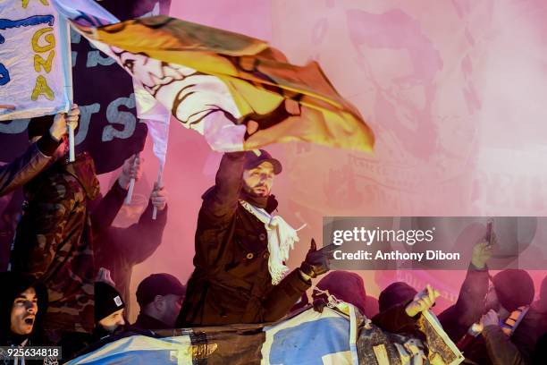 Fans of Marseille during the French Cup match between Paris Saint Germain and Marseille at Parc des Princes on February 28, 2018 in Paris, France.