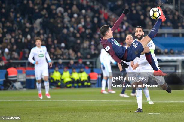 Julian Draxler of Paris Saint-Germain tries an overhead kick during the French Cup match between Paris Saint-Germain and Olympique de Marseille at...