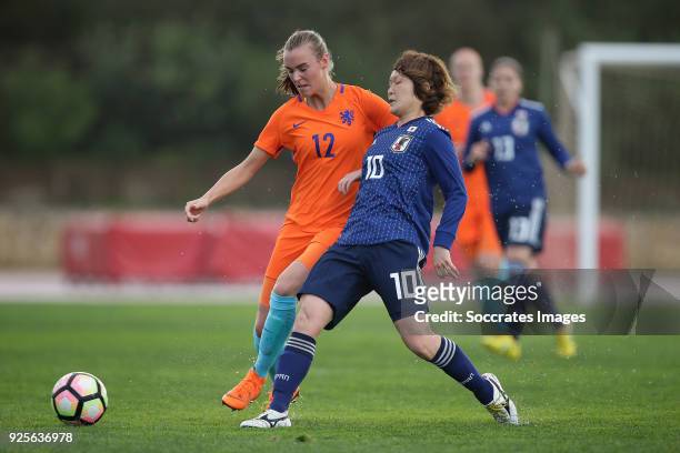 Jill Roord of Holland Women, Mizuho Sakaguchi of Japan Women during the Algarve Cup Women match between Japan v Holland at the Estadio Municipal da...