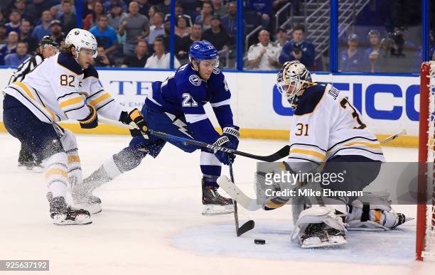 Brayden Point of the Tampa Bay Lightning takes a shot on Chad Johnson of the Buffalo Sabres during a game at Amalie Arena on February 28, 2018 in...