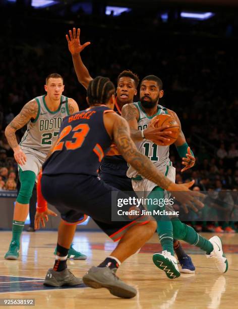 Kyrie Irving of the Boston Celtics in action against the New York Knicks at Madison Square Garden on February 24, 2018 in New York City. The Celtics...