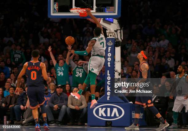 Jaylen Brown of the Boston Celtics in action against the New York Knicks at Madison Square Garden on February 24, 2018 in New York City. The Celtics...