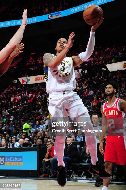 Joe Young of the Indiana Pacers goes to the basket against the Atlanta Hawks on February 28, 2018 at Philips Arena in Atlanta, Georgia. NOTE TO USER:...