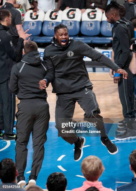 Wesley Matthews of the Dallas Mavericks makes his entrance before the game against the Oklahoma City Thunder on February 28, 2018 at the American...