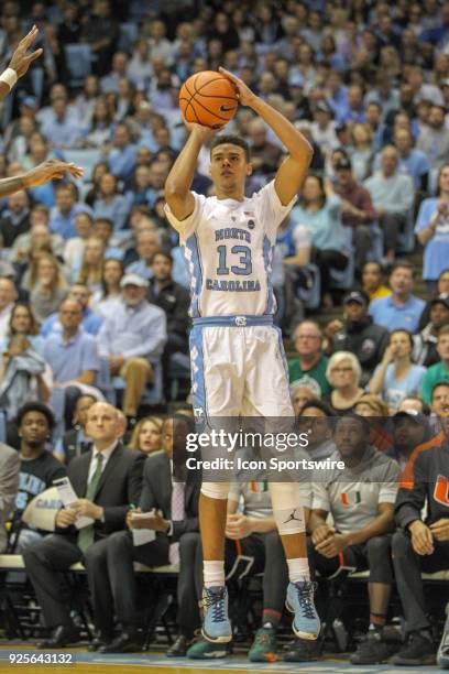 North Carolina Tar Heels guard Cameron Johnson puts up a three point shot during the game between the Miami Hurricanes and the North Carolina Tar...