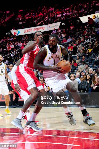 Lance Stephenson of the Indiana Pacers handles the ball against the Atlanta Hawks on February 28, 2018 at Philips Arena in Atlanta, Georgia. NOTE TO...