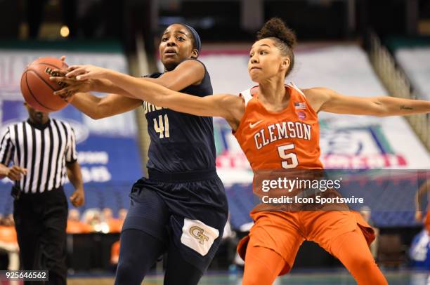 Georgia Tech Yellow Jackets guard Kierra Fletcher chases down a loose ball with Clemson Lady Tigers guard Danielle Edwards following during the ACC...