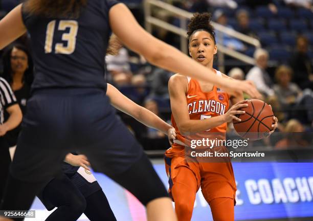 Clemson Lady Tigers guard Danielle Edwards looks to pass during the ACC women's tournament game between the Clemson Tigers and Georgia Tech Yellow...