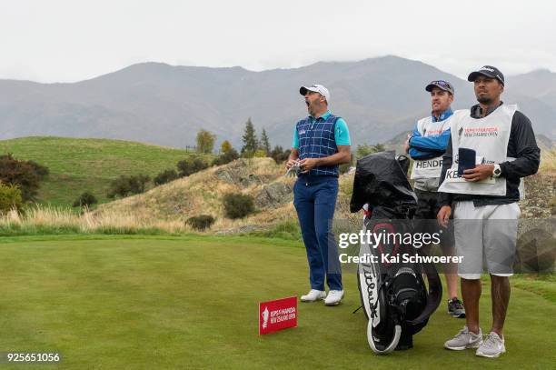 Michael Hendry of New Zealand reacts during day one of the ISPS Handa New Zealand Golf Open at The Hills Golf Club on March 1, 2018 in Queenstown,...