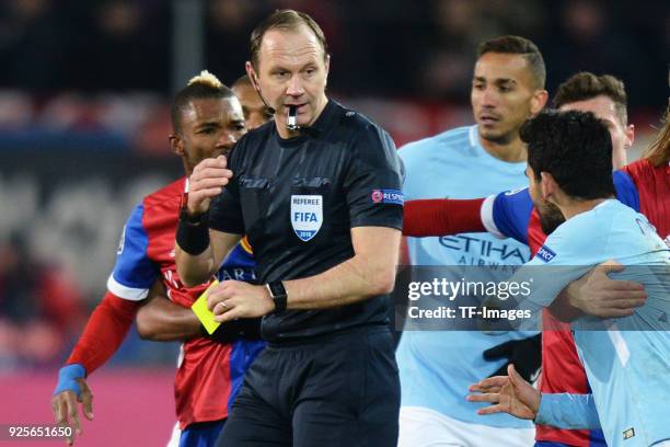 Referee Jonas Eriksson looks on during the UEFA Champions League Round of 16 First Leg match between FC Basel and Manchester City at St. Jakob-Park...