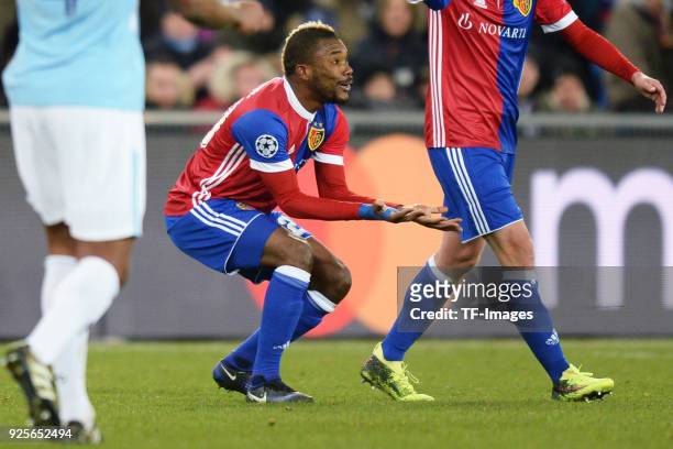 Geoffroy Serey Die of Basel gestures during the UEFA Champions League Round of 16 First Leg match between FC Basel and Manchester City at St....