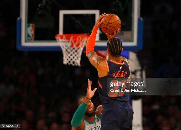Trey Burke of the New York Knicks in action against the Boston Celtics at Madison Square Garden on February 24, 2018 in New York City. The Celtics...