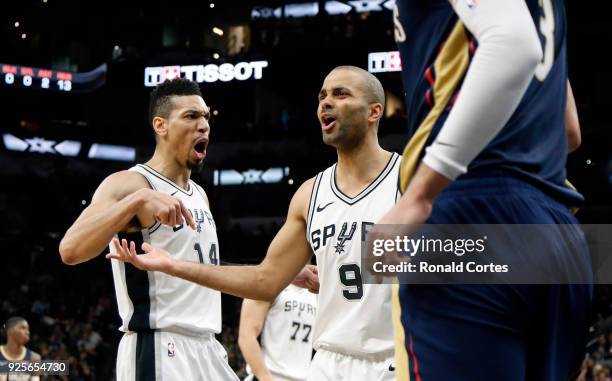 Danny Green and Tony Parker of the San Antonio Spurs argue a foul call during action against the New Orleans Pelicans at AT&T Center on February 28,...