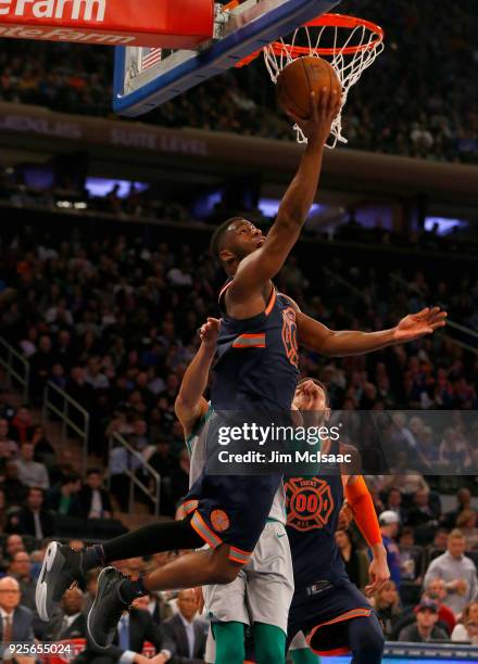 Emmanuel Mudiay of the New York Knicks in action against the Boston Celtics at Madison Square Garden on February 24, 2018 in New York City. The...