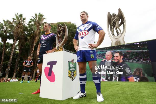Cameron Smith of the Melbourne Storm and Josh Jackson of the Canterbury-Bankstown Bulldogs pose during the 2018 NRL season launch at First Fleet Park...