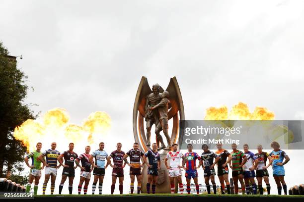 Players from all clubs pose during the 2018 NRL season launch at First Fleet Park on March 1, 2018 in Sydney, Australia.
