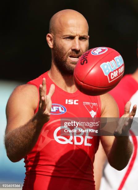 Jarrad McVeigh of the Swans takes part in a drill during a Sydney Swans AFL training session at Lakeside Oval on March 1, 2018 in Sydney, Australia.