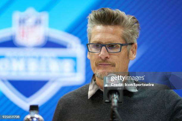 Atlanta Falcons general manager Thomas Dimitroff, answers questions from the media during the NFL Scouting Combine on February 28, 2018 at Lucas Oil...