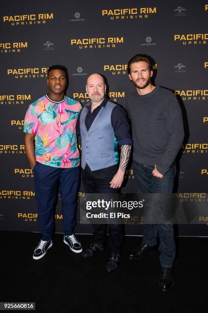 John Boyega, Steven S DeKnight and Scott Eastwood attend the Pacific Rim Uprising fan event at Event Cinemas George Street on February 28, 2018 in...