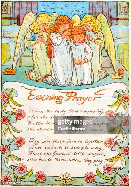 antique children book illustrations: evening prayer - praying stock illustrations