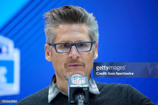 Atlanta Falcons general manager Thomas Dimitroff, answers questions from the media during the NFL Scouting Combine on February 28, 2018 at Lucas Oil...