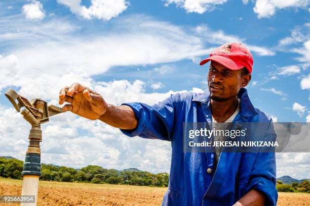 Worker at a farm owned by Zimbabwean commercial farmer Rob Smart inspects irrigation pipes for a potato crop at Lesbury Estates in Headlands east of...