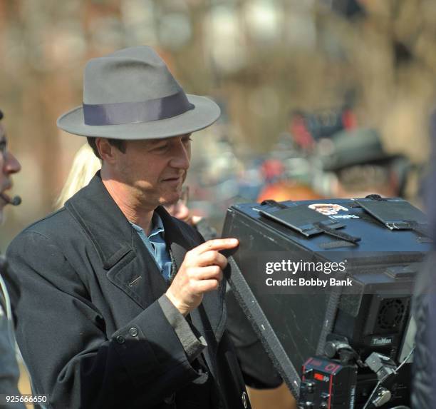 Director/actor Edward Norton on set for "Motherless Brooklyn" in Washington Sqaure Park on February 28, 2018 in New York City.