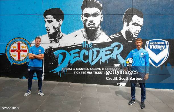 Scott Jamieson and Dario Vidosic of City pose in front of a street art installation during a Melbourne City FC A-League media opportunity at...