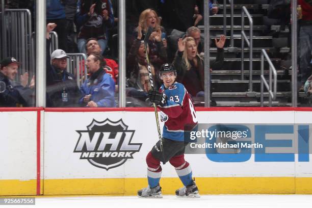 Matt Nieto of the Colorado Avalanche celebrates after scoring a goal against the Calgary Flames at the Pepsi Center on February 28, 2018 in Denver,...