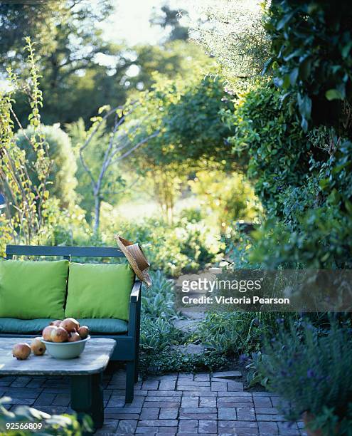 bench in an outdoor room - sentiero di giardino foto e immagini stock