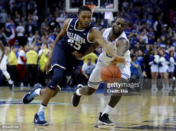 Mikal Bridges of the Villanova Wildcats attempts the steal from Khadeen Carrington of the Seton Hall Pirates on February 28, 2018 at Prudential...