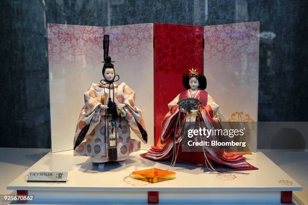 Set of ornamental dolls known as hina-ningyo is displayed at a Daimaru department store in Kobe, Hyogo Prefecture, Japan, on Tuesday, Feb. 27, 2018....