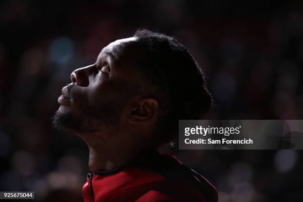 Caleb Swanigan of the Portland Trail Blazers looks on before the game against the Sacramento Kings on February 27, 2018 at the Moda Center Arena in...