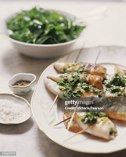 grilled stuffed squid - herb sauce stock pictures, royalty-free photos & images