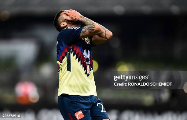 America's Jeremy Menez of Mexico reacts in a match against Saprissa of Costa Rica, during the second leg CONCACAF Champions League round of 16 series...