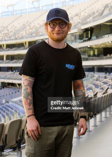 Ed Sheeran poses for media at Optus Stadium at a media call for the launch of a record-breaking Australian and New Zealand Tour on March 1, 2018 in...