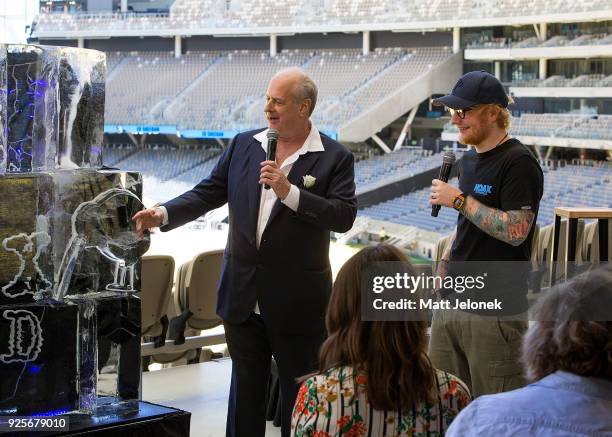 Ed Sheeran with Promoter Michael Gudinski at Optus Stadium during a media call for the launch of a record-breaking Australian and New Zealand Tour on...