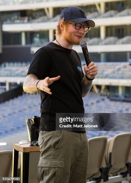 Ed Sheeran speaks to the media at Optus Stadium at a media call for the launch of a record-breaking Australian and New Zealand Tour on March 1, 2018...