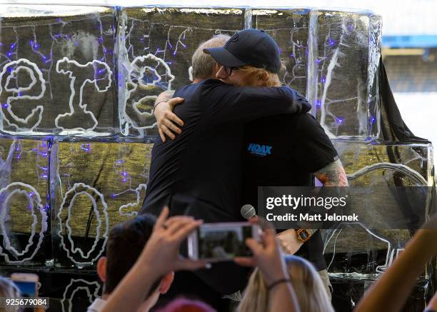 Ed Sheeran with Promoter Michael Gudinski at Optus Stadium during a media call for the launch of a record-breaking Australian and New Zealand Tour on...