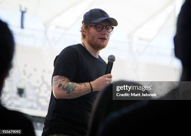 Ed Sheeran speaks to the media at Optus Stadium at a media call for the launch of a record-breaking Australian and New Zealand Tour on March 1, 2018...