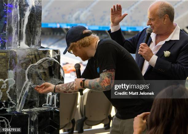 Ed Sheeran with Promoter Michael Gudinski at Optus Stadium during a media call for the launch of a record-breaking Australian and New Zealand Tour on...