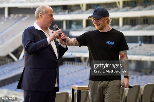 Ed Sheeran with Promoter Michael Gudinski at Optus Stadium during a media call for the launch of a record-breaking Australian and New Zealand Tour on...